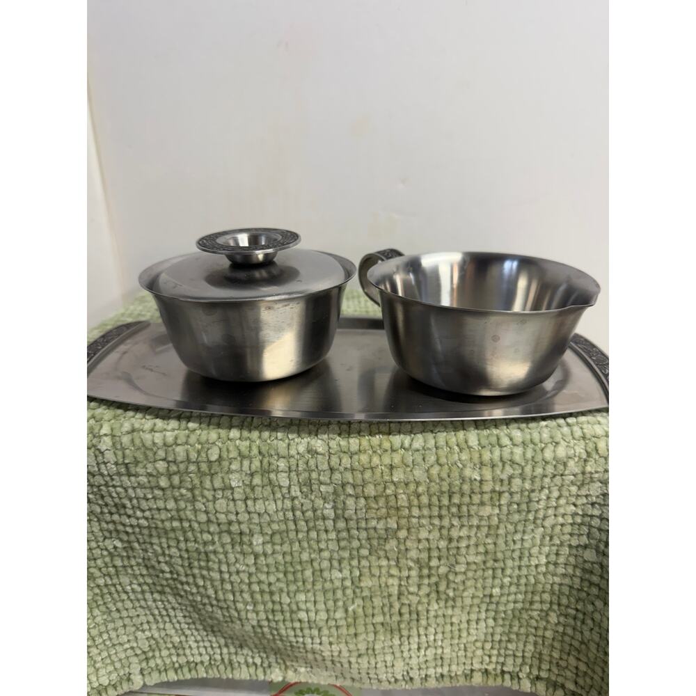 Vintage Stainless Steel Creamer Sugar Tray Set Floral Mid Century